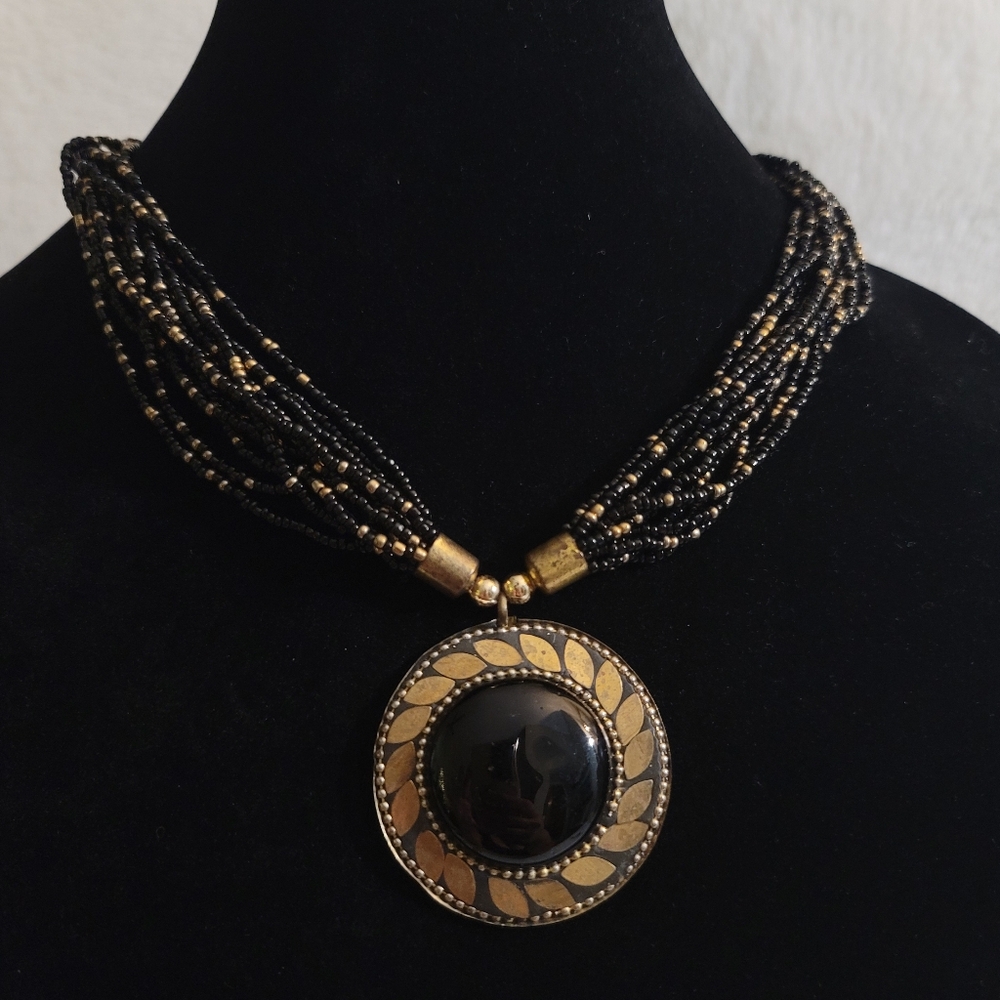 Glass, Brass, & Seedbead Tribal Necklace - Vintage, Estate